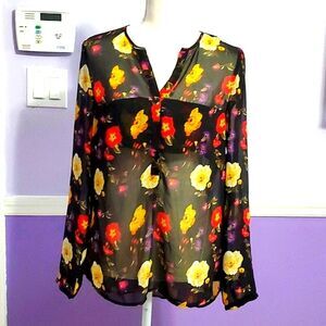 Zara Trafaluc Black Colorful Floral Sheer Long Sleeve Relaxed Dressy Shirt XS